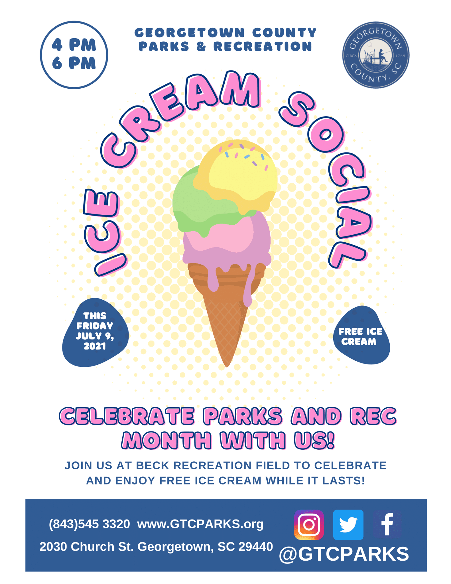 Flyer advertising ice cream social on July 9 at Beck Recreation Center