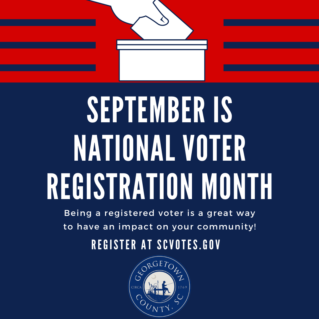 Red, white and blue flier advertising September as National Voter Registration Month. 
