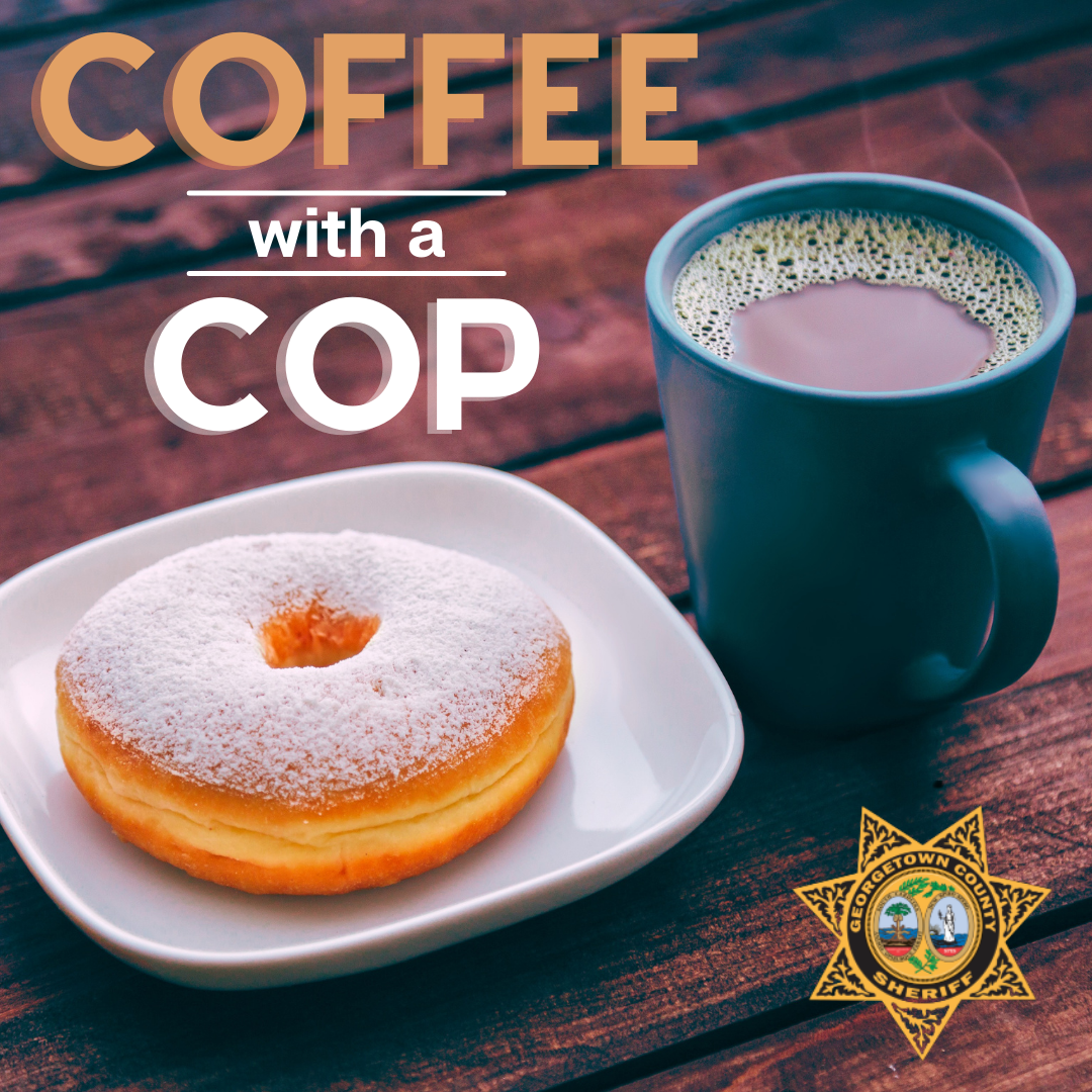 A cup of coffee and a doughnut on a plate, sitting on a table. Text reads 