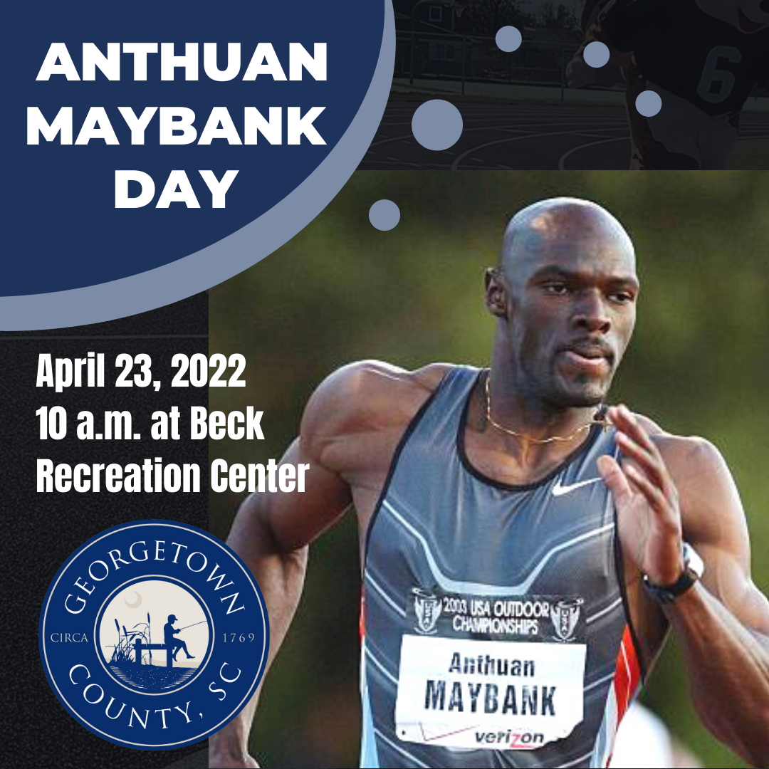 Picture of Anthuan Maybank running a race with county logo featured.