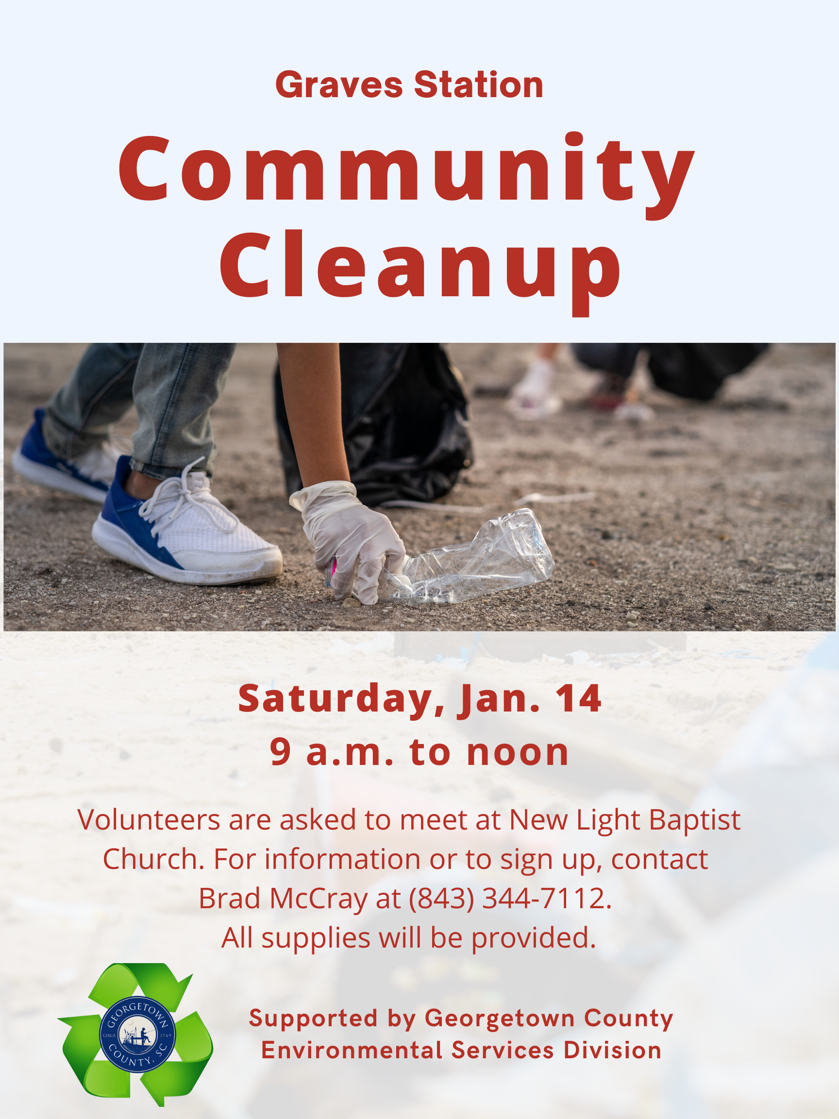 closeup on hands and feet as a person picks up litter with environmental services logo