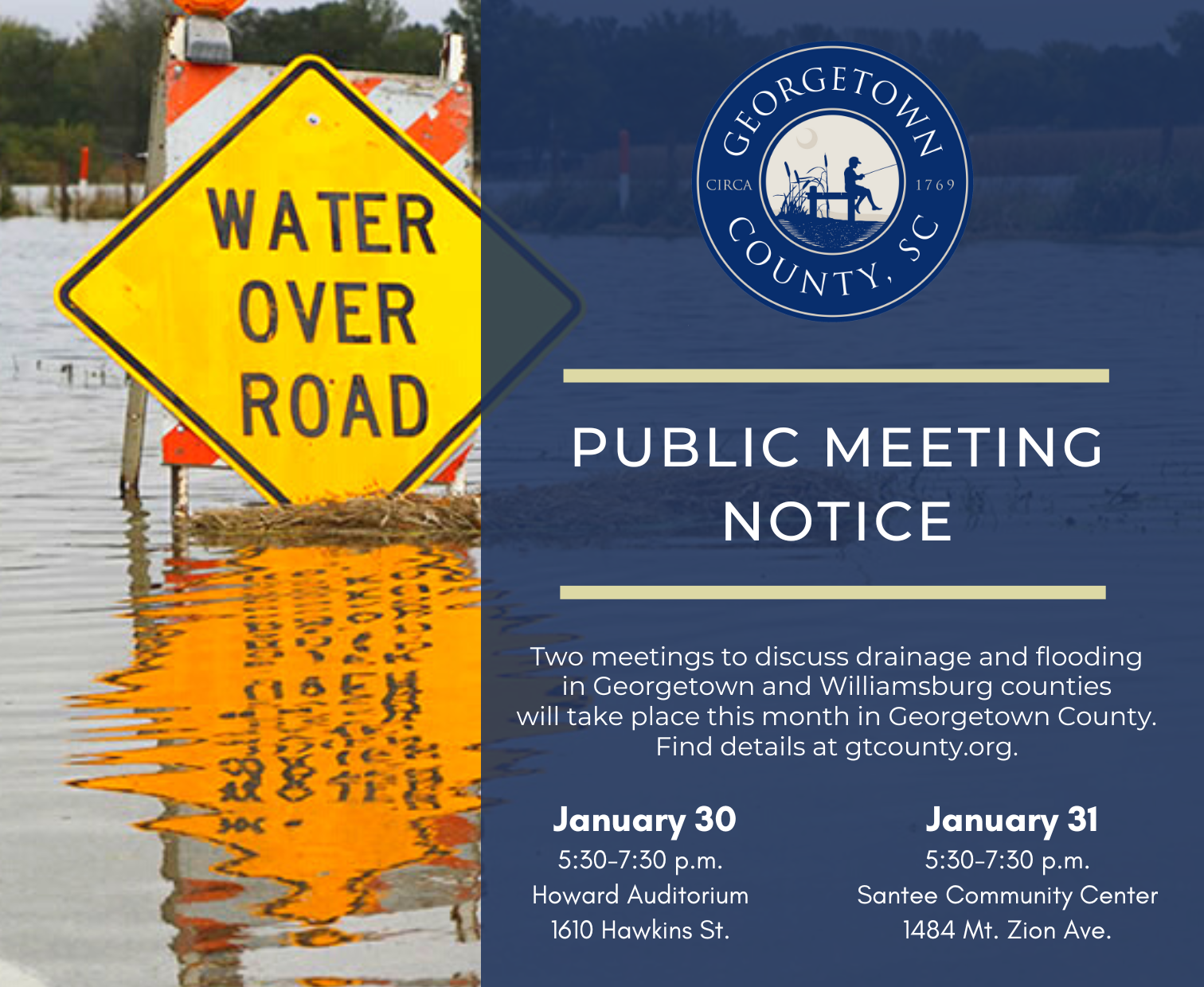 Image of flooded road way with meeting date and time on top