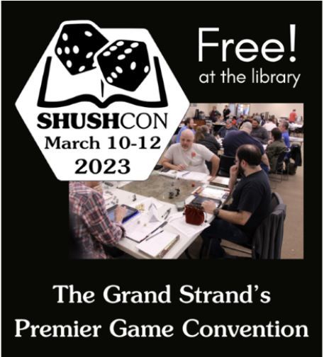 Shushcon Logo over an image of gamers and text showing event date