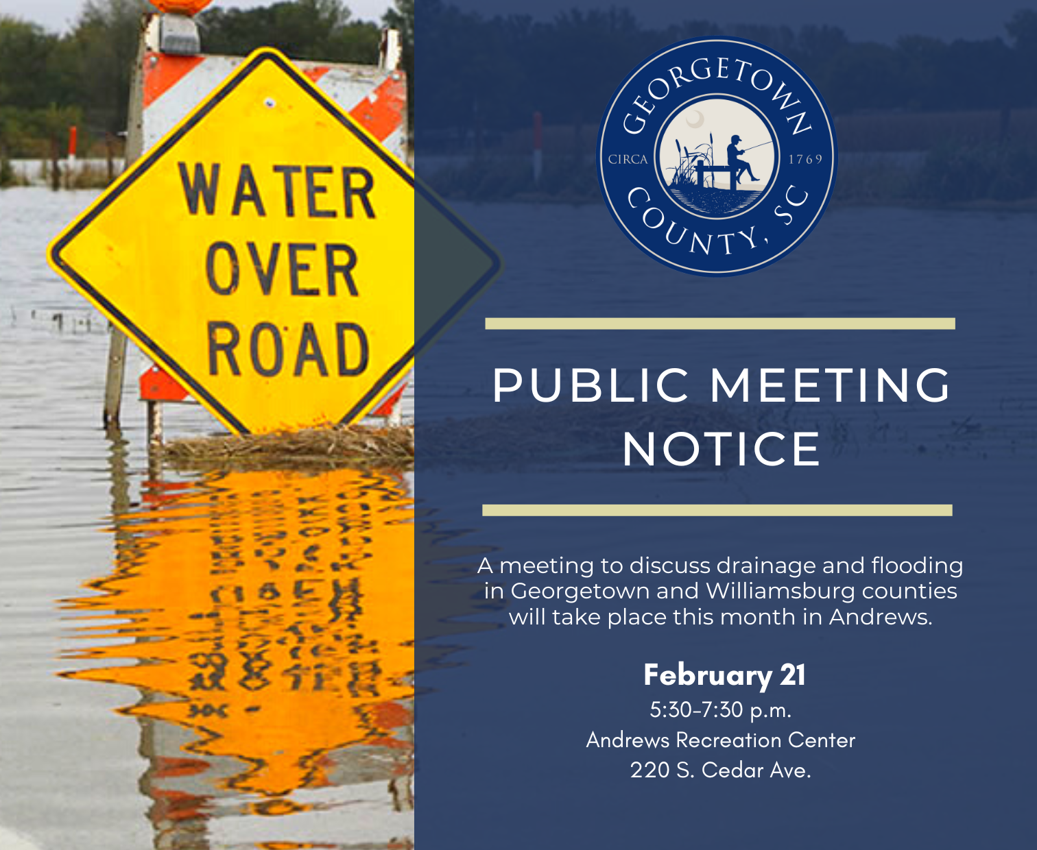 Picture of a flooded road with meeting date and time over it.