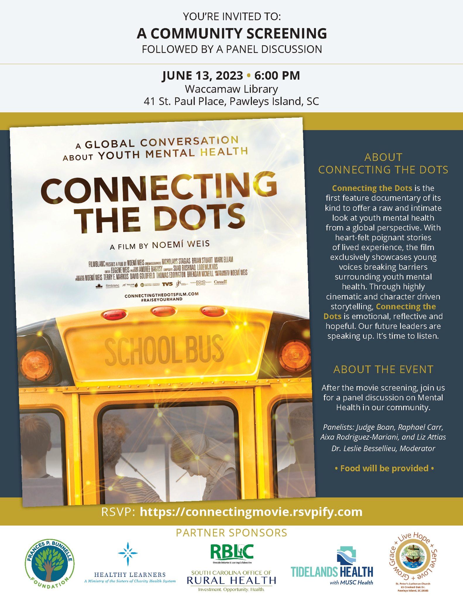 Movie Poster for Connecting the Dots features young people on a school bus viewed from behind