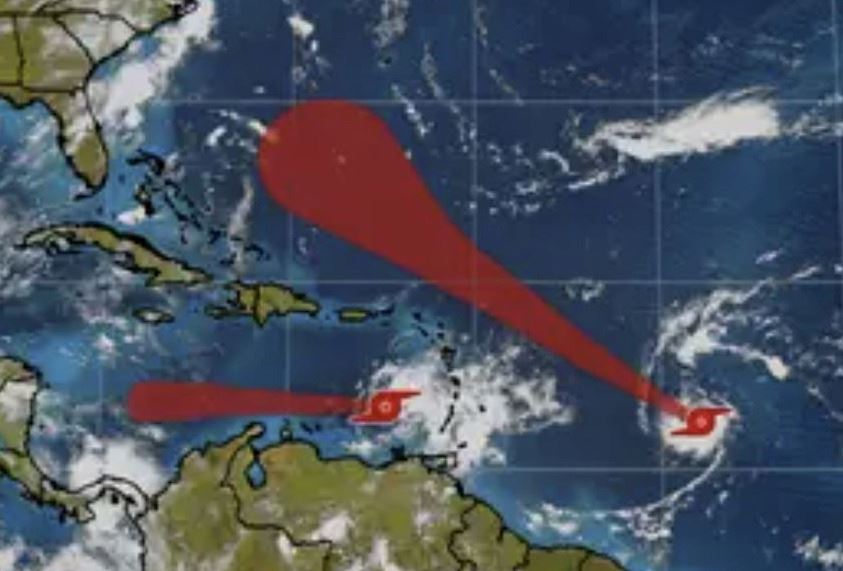 A weather map showing the projected track of Tropical Storms Brett and Cindy