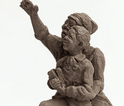 A rendering of the proposed sculpture features Tubman and her young nephew, she gesturing upward 