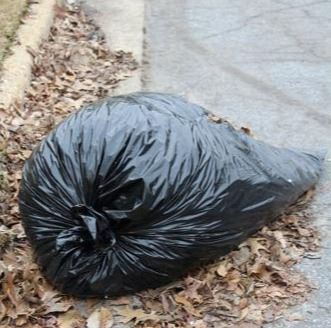 a full black garbage laying among leaf litter on the roadside
