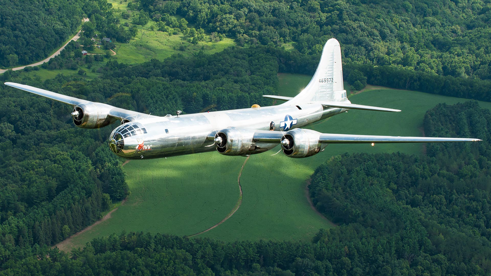 Doc, a massive B-29 Superfortress airplane, in flight.