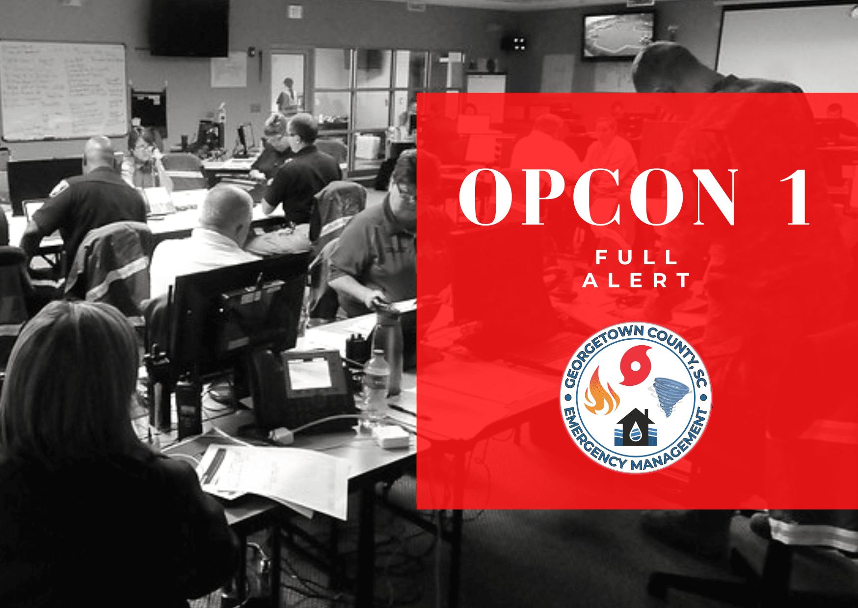 An image of people working in the County's Emergency Operations Center with text OPCON 1 overlaid