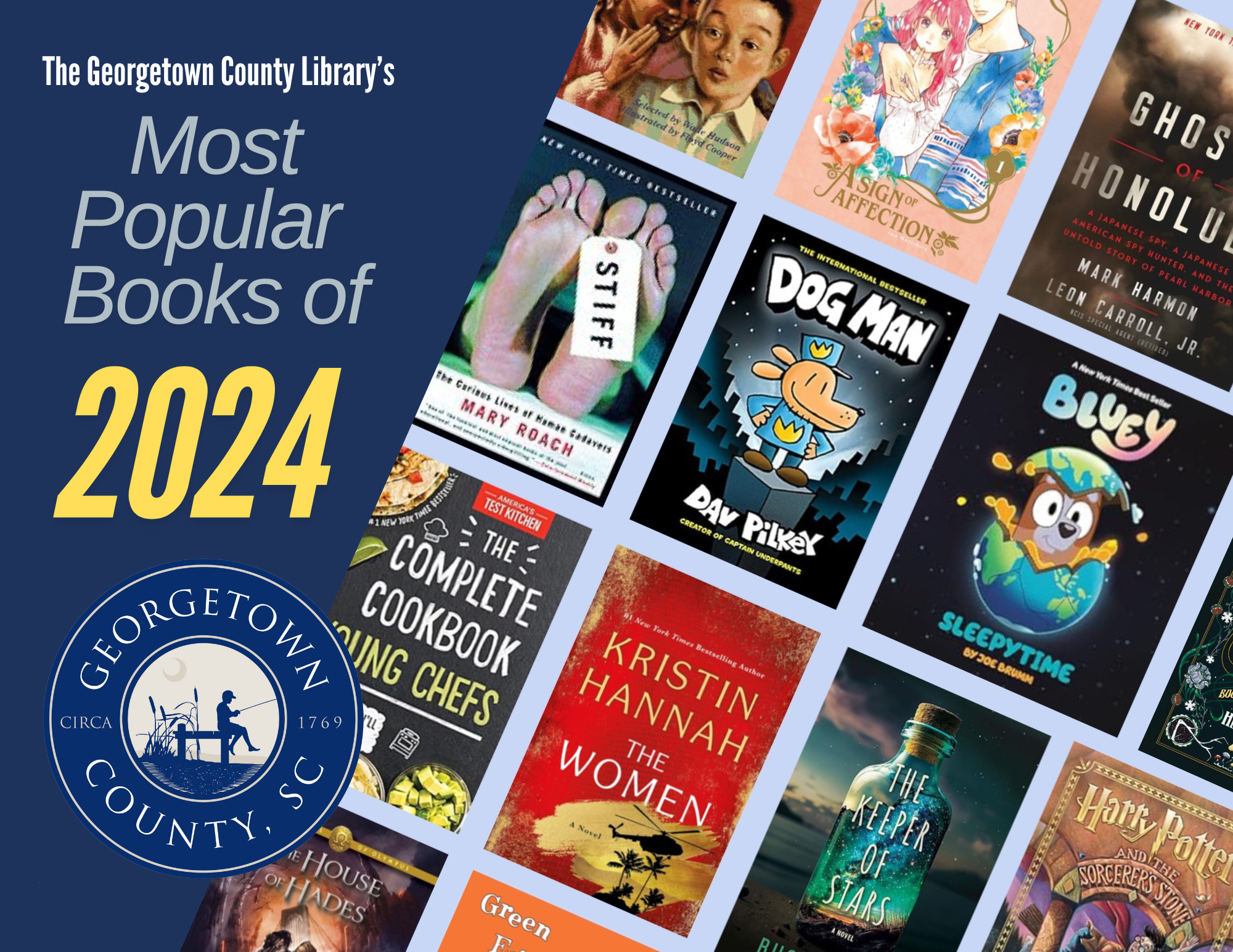 collage of book covers on most checked out list.