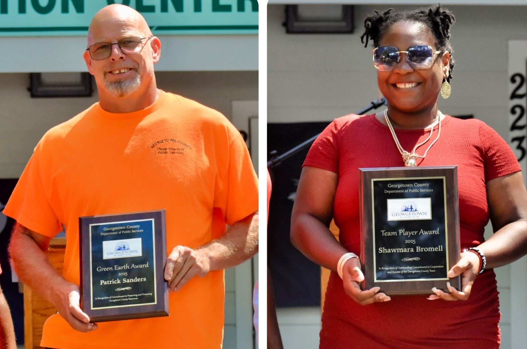 Side by side photos featuring a man holding an award and a woman holding an award