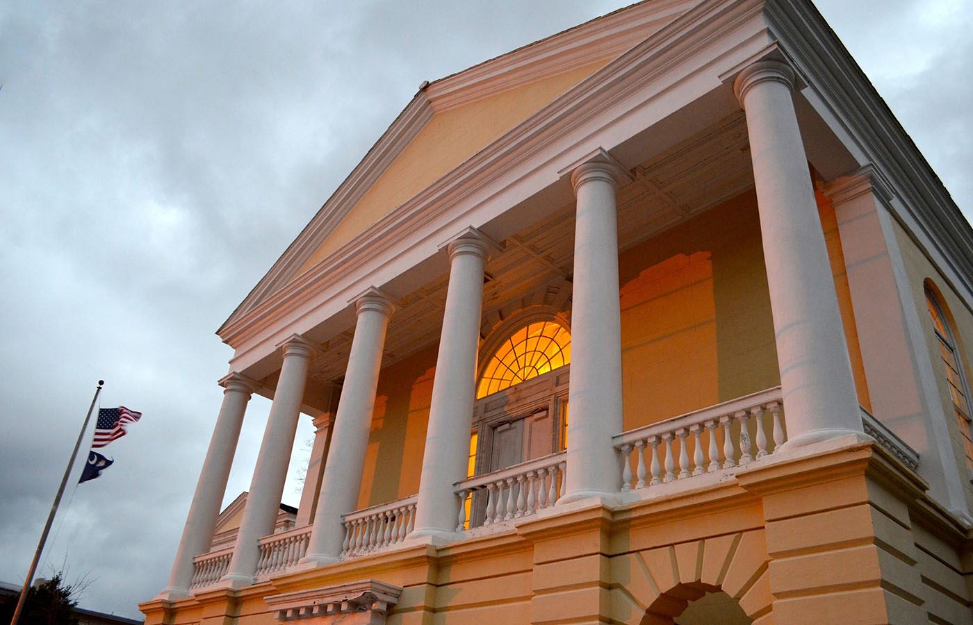 Photo looking up at the balcony of the historic Georgetown County Courthouse.