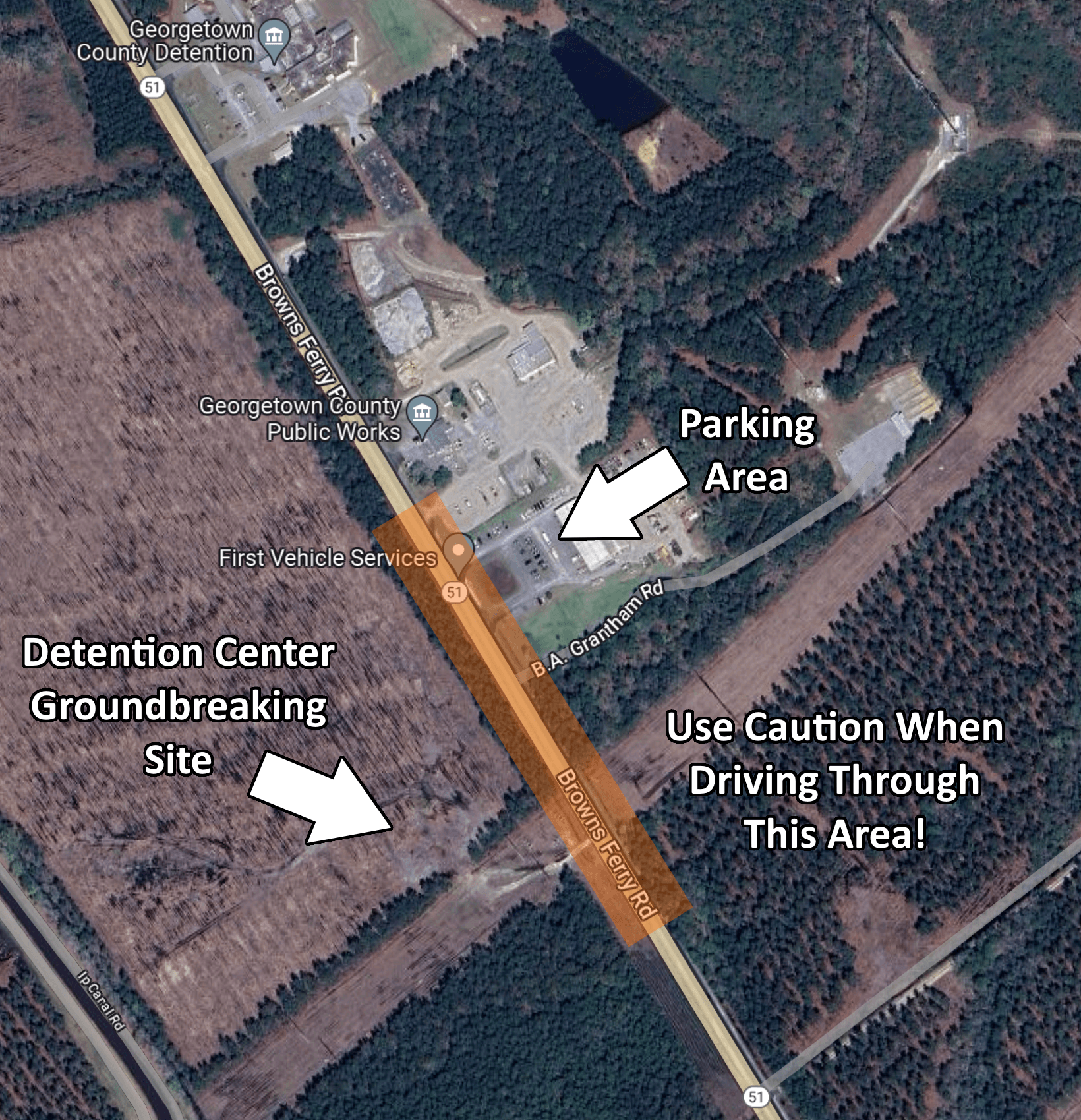 A map depicting the location of the detention center groundbreaking as well as a parking area.